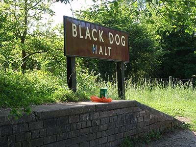 Black Dog Halt sign, re-sited on old goods platform